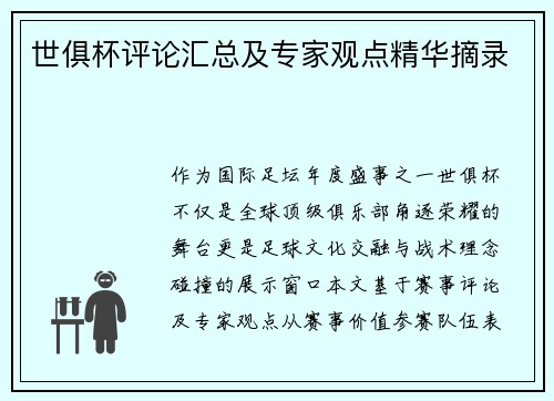 世俱杯评论汇总及专家观点精华摘录