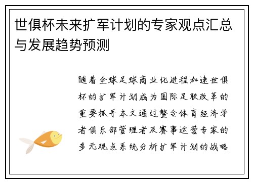 世俱杯未来扩军计划的专家观点汇总与发展趋势预测